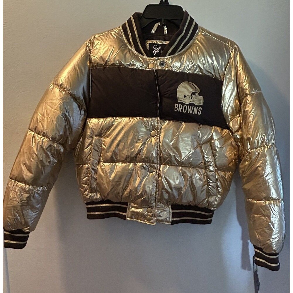 Cleveland Browns Gold Puffer Jacket Women S Bomber Metallic NFL Cropped Varsity